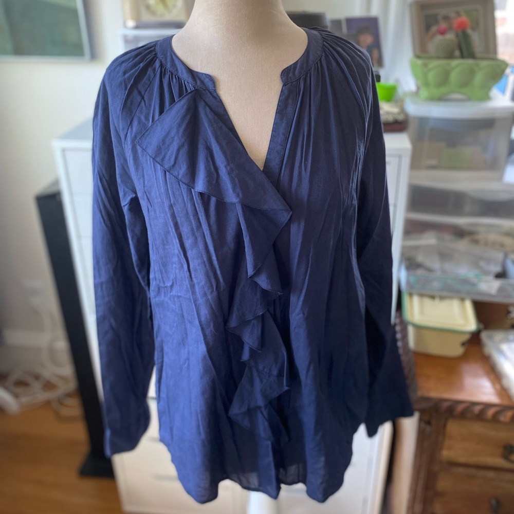 Ann Taylor LOFT Cotton Ruffle Blouse Shirt M Navy Blue Long Sleeve VGUC Romantic